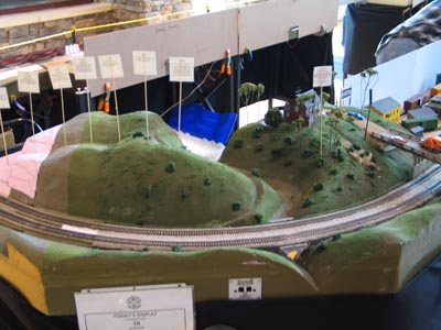 The scenic corner module at a show, with the signs identifying each step in the scenery process.