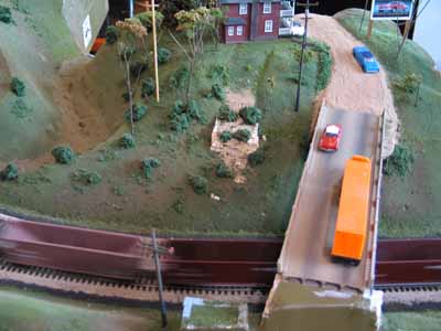 A close-up of the bridge on the scenic corner module.